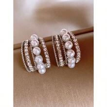 Perfect Round Imitation Seawater Cold Light Australian White Pearl Earrings C Type Multi-Layer Zirconium-Inlaid Stud Earrings French Light Luxury High-End Earrings - 多色-1 - 查看 2