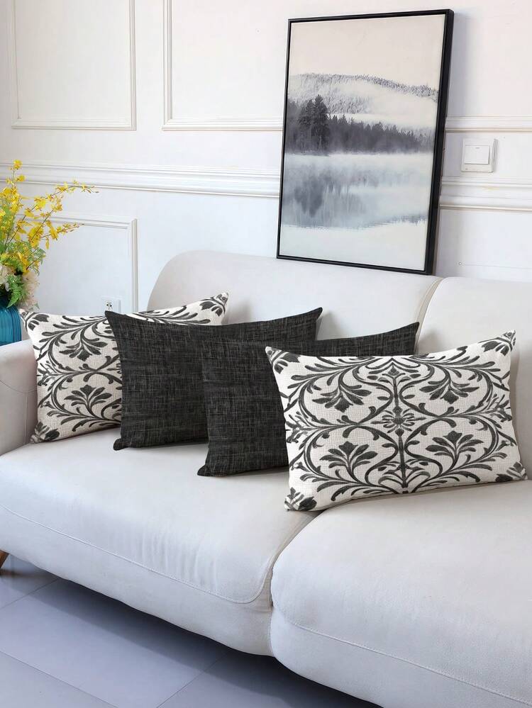 Bộ 4 vỏ gối phong cách Bohemian, vỏ gối họa tiết hoa, vỏ gối sợi polyester, chất liệu vải lanh cổ điển, khóa kéo ẩn, có thể giặt máy, họa tiết tối giản thời trang, vỏ gối trang trí nhà cửa cho ghế sofa, phòng khách, phòng ngủ, không kèm ruột gối. - màu đen - Xem 3