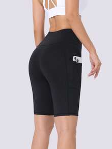 Spring/Summer Women's Solid Color Sports Shorts With Pockets, Elastic Compression Tight FitBermuda Shorts For Fitness, Pilates, Yoga, Outdoor Running, Cycling - Black - View 6