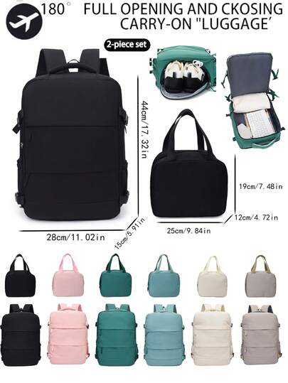 2 Pieces Set Solid Color Nylon 180° Full Open Large Capacity Multi-Pocket Zipper Closure Travel Luggage Backpack Set For Air Travel & Vacation