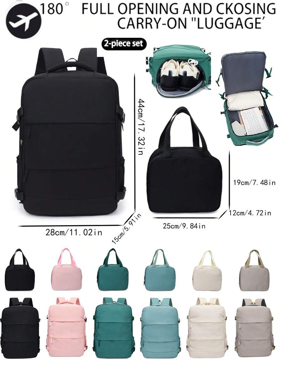 2 Pieces Set Solid Color Nylon 180° Full Open Large Capacity Multi-Pocket Zipper Closure Travel Luggage Backpack Set For Air Travel & Vacation