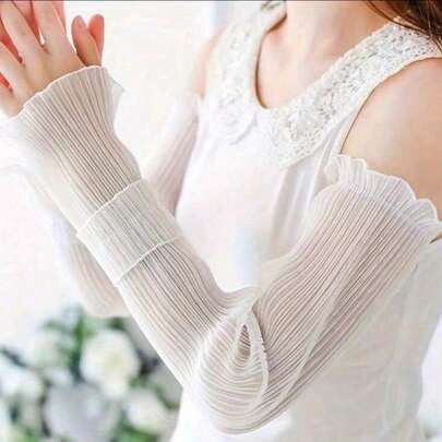 2pcs/Set Women's Pleated Sleeve Covers, Sheer UV Protection Sleeves, Vertical Pleats Create Flowing Drape, Breathable And Lightweight For Summer, Double Ruffle Design, Practical And Decorative, Elastic Cuffs Fit Most Arm Sizes