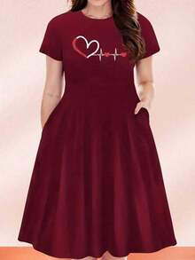 Robe noire à manches courtes décontractée, imprimé rythme cardiaque "Coup de foudre", vêtements pour femmes grande taille élégants pour toutes les saisons, porter au quotidien en été - Rouge foncé - Voir 1
