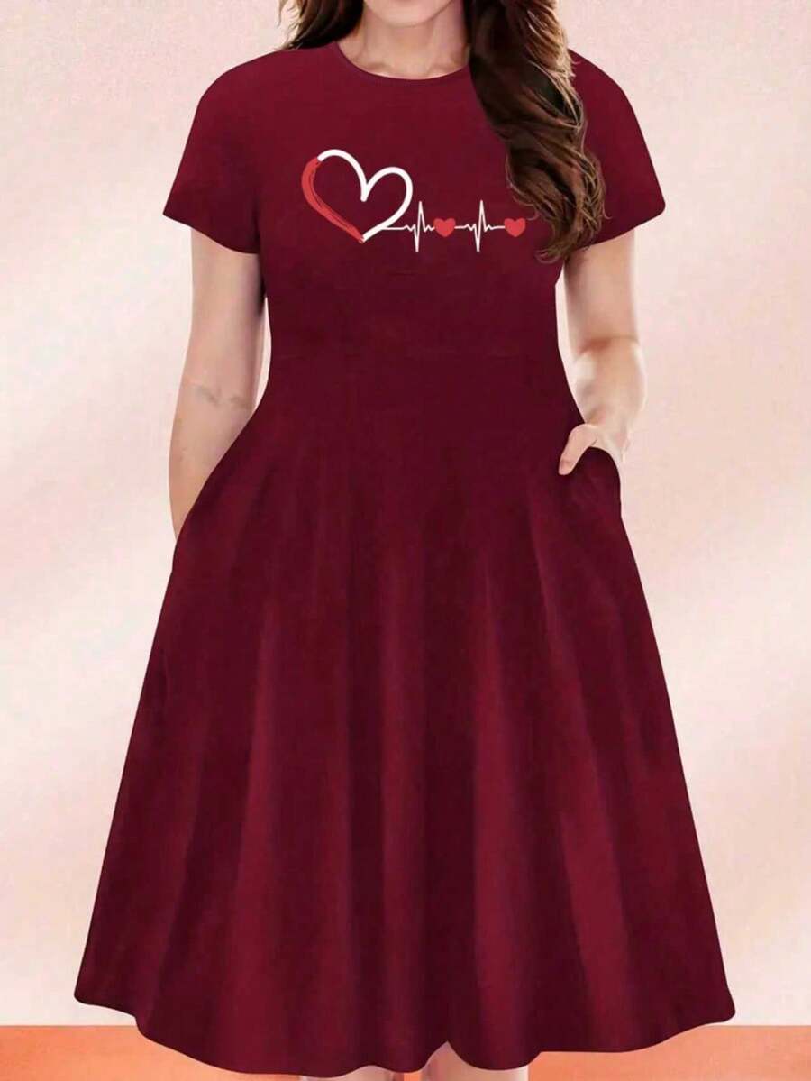 Robe noire à manches courtes décontractée, imprimé rythme cardiaque "Coup de foudre", vêtements pour femmes grande taille élégants pour toutes les saisons, porter au quotidien en été - Rouge foncé - Voir 1