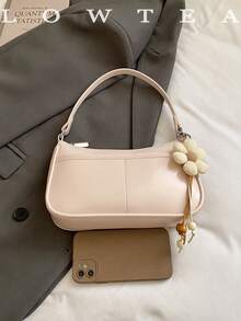 1pc Low Tea Solid Color PU Leather Shoulder Bag, Women's Retro Fashion Crescent Handbag, Top Handle Design, Zipper Closure, Detachable Adjustable Shoulder Strap, Suitable For Travel, Shopping, Dating, Women's Gift, Great For Commuting, Outdoor, Travel, Hiking (With Pendant) - Pink - View 4