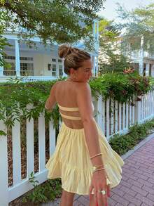 女士夏季露背打结抹胸迷你连衣裙，度假必备 - 黃色 - 查看 2