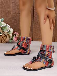 Bohemian Style Color Block Flip Flop Sandals, Retro Buckle High-Top Sandals - Red - View 4