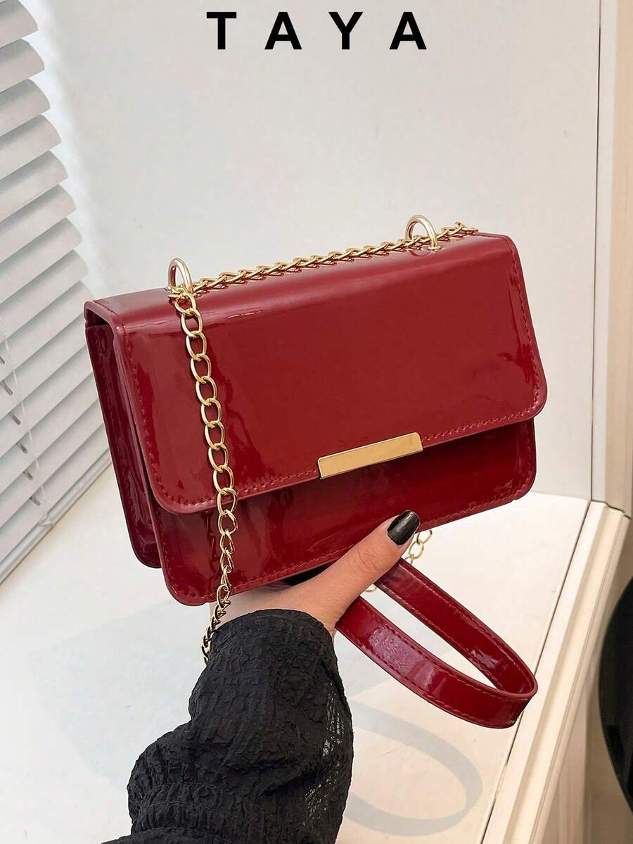 1pc Fashion Minimalist Solid Color Glossy Mini Square Bag With Magnetic Flap & Metal Chain Strap, Women's Casual Daily Commute Travel Gift