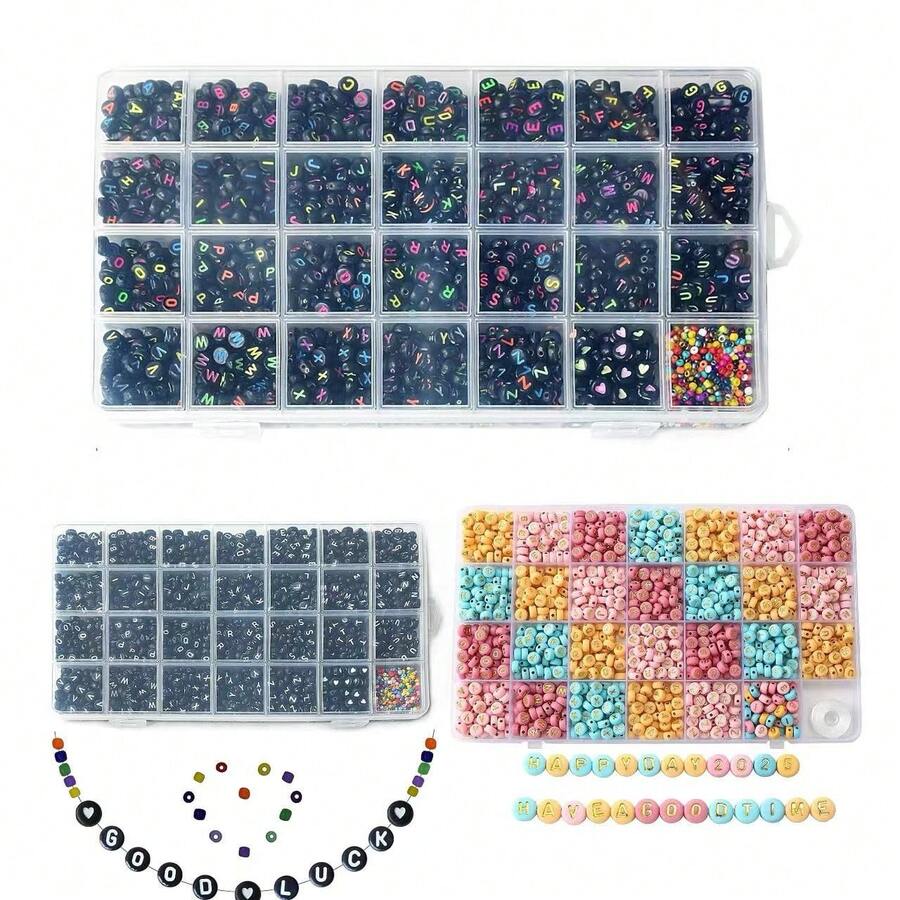 Khoảng 1000 hạt/hộp, 16 ngăn, hạt chữ cái tiếng Anh nhiều màu sắc, thích hợp cho người mới bắt đầu làm trang sức, tự làm vòng tay và vòng cổ. - Nhiều màu - Xem 1