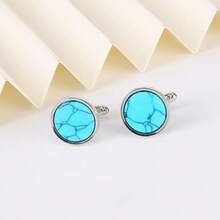 2PcsBlue Stone Cufflinks Men French Cuff Shirt Round White Gemstone Fashion Wedding Groom Bridal Business Casual Dress Cuff Links Men's Jewelry Luxury Gifts - Multicolor - View 6