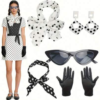 5件套1950年代复古配饰套装，包括波点头巾、领带、耳环、眼镜和手套，适合万圣节、化装舞会和角色扮演活动。