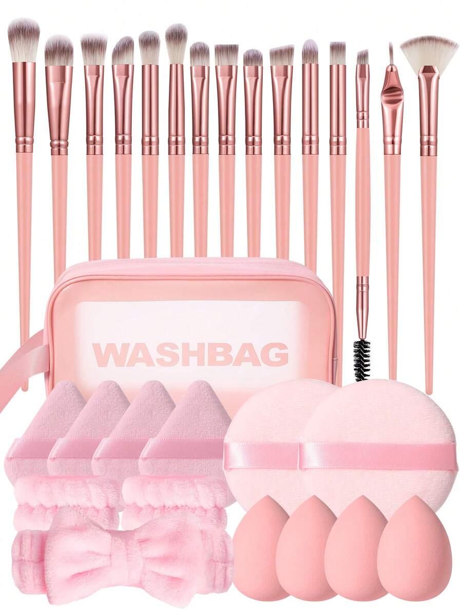 Bộ dụng cụ trang điểm 29 món bao gồm: Bộ 15 cọ trang điểm + 1 túi đựng đồ vệ sinh cá nhân đa năng có khóa kéo và túi trang điểm chống thấm nước + 4 bông mút trang điểm + 2 bông phấn tròn + 4 bông phấn tam giác + 2 giá đỡ bát trang điểm cầm tay + 1 băng đô cài tóc - Hồng - Xem 1