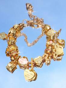 1条心形吊坠手链，猫咪心形大孔珠DIY手链，字母标语翅膀心形吊坠串珠手链，时尚心形手链，旅行纪念手链 - 金色 - 查看 1