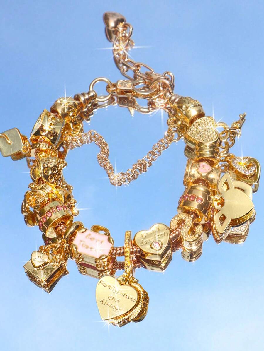 1条心形吊坠手链，猫咪心形大孔珠DIY手链，字母标语翅膀心形吊坠串珠手链，时尚心形手链，旅行纪念手链 - 金色 - 查看 1