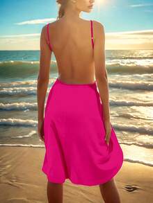 Damen Fuchsia Strandkleid, V-Ausschnitt Trägerkleid Mini, geeignet für Sommerurlaub - Heißes Pink - Übersicht 2