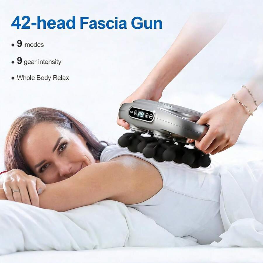 Masajeador eléctrico de 42 cabezales, masajeador de vibración de tejido profundo, pistola de masaje eléctrica de percusión, pistola de masaje eléctrica para relajación muscular con 9 modos y 9 niveles de intensidad, apto para uso doméstico, oficina y gimnasio, para alivio del dolor y relajación muscular en espalda, piernas y glúteos, 2000mAh - Gris - Ver 1