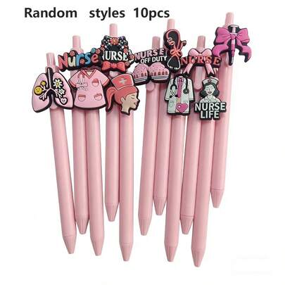 10支/套 随机粉色医疗主题按压式圆珠笔，适用于医生、护士、办公室、学习，黑色墨水签名笔，节日小礼物