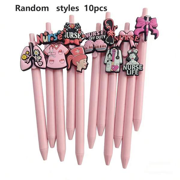 10pcs/Set Random Pink Medical Theme Push-Button Ballpoint Pens, Suitable For Doctors, Nurses, Office, Study, Black Ink Signing Pens, Holiday Small Gifts