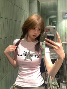 极简星形字母印花修身短袖T恤，女士款，收腰露脐上衣，粉色休闲夏季款 - 粉色 - 查看 2