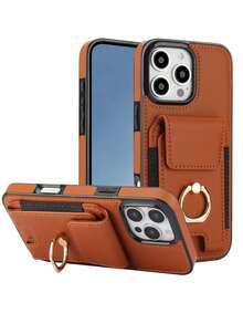 适用于 17 Air 17E 16E 16 15 14 13 12 11 Pro X XS Max XR 8 7 Plus SE 5G 2022 2020 SE3 SE2 的 PU 人造革钱包式手机壳，带支架、卡槽、指环支架。 - 棕色 - 查看 3