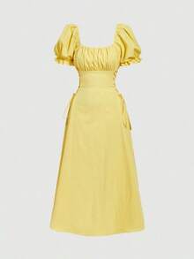 Women's Yellow Puff Sleeve Tie Waist Mid-Length Dress,Elegant Romantic Vintage, Spring /Summer Outfits Women,Romantic,Elegant Vacation Party Midi Dress,Summer Holiday Outfits,Elegant Party , Luxury Evening, Ceremony,Beach Vacation Outfits,Vacation Outfits Women, Elegant Women's Ceremony Dress,Wedding Guest Dress For Women, Luxury Evening Dresses, Formal Dress,Graduation Dress For Women, Yellow Dress, Lemon Dress, Puff Sleeve Dress, Cottagecore Dress ,Summer Dress,Spring Dresses For Women - 黃色 - 查看 3