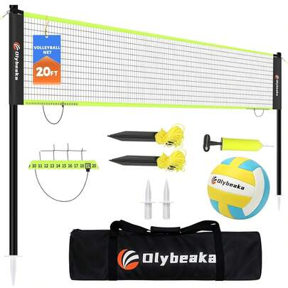 Outdoor Portable Volleyball Net System With Adjustable Height Poles & Anti-Sagging Net, Complete Set With Soft PU Volleyball, Pump And Carry Bag For Backyard Beach Use