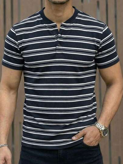 男士复古海军蓝白条纹亨利领T恤，休闲商务通勤舒适上衣