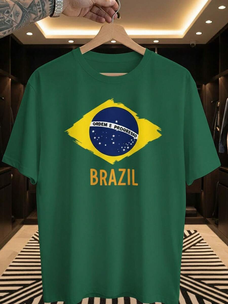 Unisex T-Shirt Supporting The Brazilian National Football Team - Order And Progress World Cup - Short Sleeve - Men's And Women's - 100% Cotton, Casual, Crew Neck - 綠色 - 查看 1