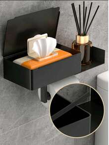 1pc Multi-Functional Waterproof Tissue Box, No Drilling Required Storage Rack, Dust-Proof And Moisture-Proof, Convenient Tissue Extraction, Stable Installation, Space-Saving, Luxury Style, Wall-Mounted, With Storage Platform, Suitable For Bathroom, Hotel, Rental, Apartment, Home And Commercial Use, Random Style - Black - View 3