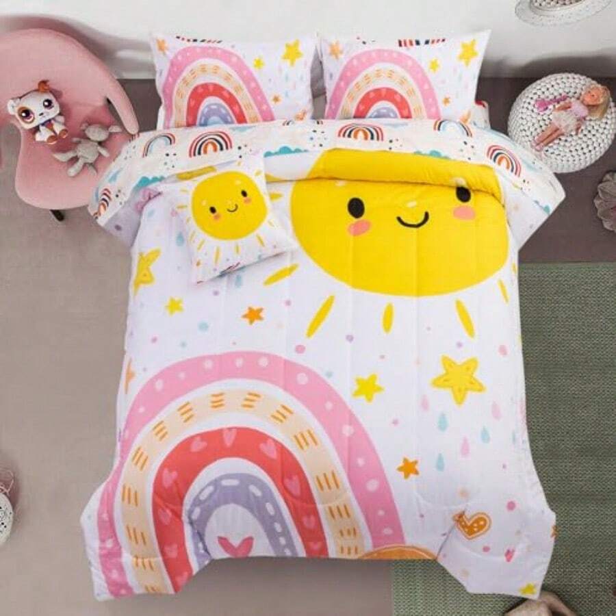 A Nice Night Bedding - Juego de ropa de cama de 6 piezas con diseño de arcoíris de dibujos animados con estampado de sol para niños y niñas blanco matrimonial - Blancoarco iris - Ver 1