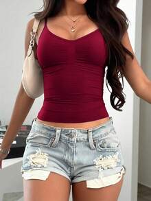 Solid Color Chest Pleated V-Neck Spaghetti Straps Slim-Fitting And Shaping Camisole 2-Pack Spring And Summer Date Tops For Hot Girls - Multicolor - View 6