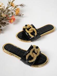 Women's Summer Round Toe Fashion Gold Chain Flats, Comfortable Casual Open Toe Sandals Suitable For Outdoor, Beach, Party,Wide Fit - Black - View 5