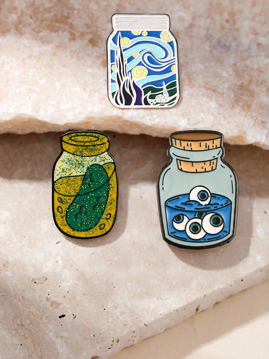 1/3 chiếc ghim cài áo chủ đề chai lọ sáng tạo, lấy cảm hứng từ tranh Đêm đầy sao của Van Gogh, dưa chuột muối, và các chi tiết nhãn cầu trôi nổi, thiết kế độc đáo phù hợp cho những người theo đuổi phong cách khác biệt. - Nhiều màu - Xem 1