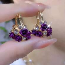 Fashionable Versatile Purple Rose Basket Earrings, Niche Design Blooming Spring/Summer Luxury Elegant Earrings - Purple - View 4