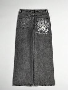 Grunge Goth Y2K 风格男士休闲刺绣宽松阔腿牛仔裤，四季皆宜，时尚街头风，个性十足，适合工作、通勤、舞台表演、朋友聚会、户外活动等场合。 - 灰色 - 查看 3