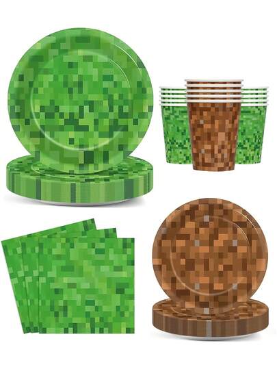 10件/20件/60件/120件像素方块派对餐具套装 - 绿色像素纸杯、棕色像素纸杯、9英寸绿色像素纸盘、7英寸棕色像素纸盘、绿色像素纸巾 - 一次性纸质派对用品，适用于电子游戏主题生日派对、儿童游戏派对、婴儿派对、矿山主题派对装饰，男女皆宜