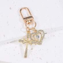 1pc Multi-Color Rhinestone Cross & Heart Shaped Keychain, Vintage Chic Metal Bag Charm Pendant, Couple Accessory - Multicolor - View 4