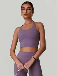 Áo bra thể thao nữ cổ tròn, dây chéo, không lưng, thoải mái, có đệm, kiểu áo croptop, thích hợp cho chạy bộ, tập luyện thể thao. - Màu tím - Xem 7