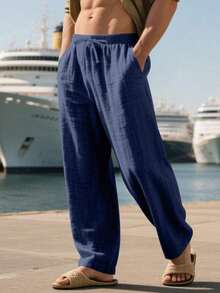 Men's Breathable Linen Loose Casual Sports Pants, Suitable Beach, Spring/Summer - 藏蓝色 - 查看 3