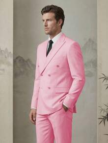 Mens Double Breasted Suit 2 Piece Slim Fit Peak Lapel Wedding Groom Prom Statement Blazer Pants(Suit+Pants)(XS-3XL) - 粉色 - 查看 2