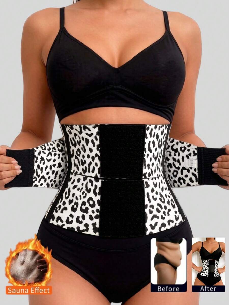 1 件女士粉色豹纹束腰带，腹部瘦身弹力腰带，适合健身、日常穿着、运动 - 黑與白 - 查看 1