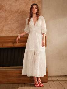 Z-White V-Neck Split Hem Floral Lace Dress2026 - 白色 - 查看 7