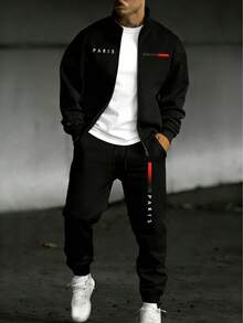Men's Paris Print Tracksuit Set 2 Piece Casual Zip Up Jacket And Jogger Pants Streetwear - 黑色 - 查看 1