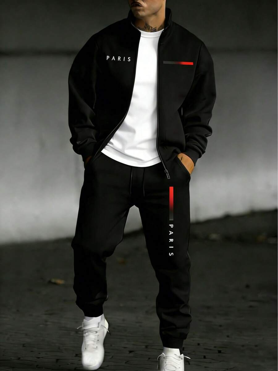 Men's Paris Print Tracksuit Set 2 Piece Casual Zip Up Jacket And Jogger Pants Streetwear - 黑色 - 查看 1