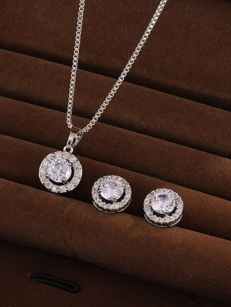 rakol 3入組經典圓形和方形鋯石裝飾女士項鍊和耳環珠寶套裝