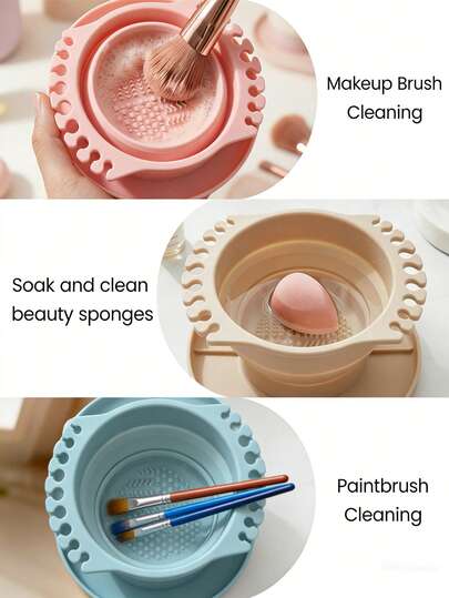 1个可折叠硅胶画笔清洁器，带晾干架和收纳托盘 - 便携式清洗垫，底部带纹理，采用柔软硅胶材质，有粉色、蓝色和杏色可选，带画笔架，适合整理画笔，是艺术家和化妆师的理想之选，也是送给艺术家朋友的完美礼物。