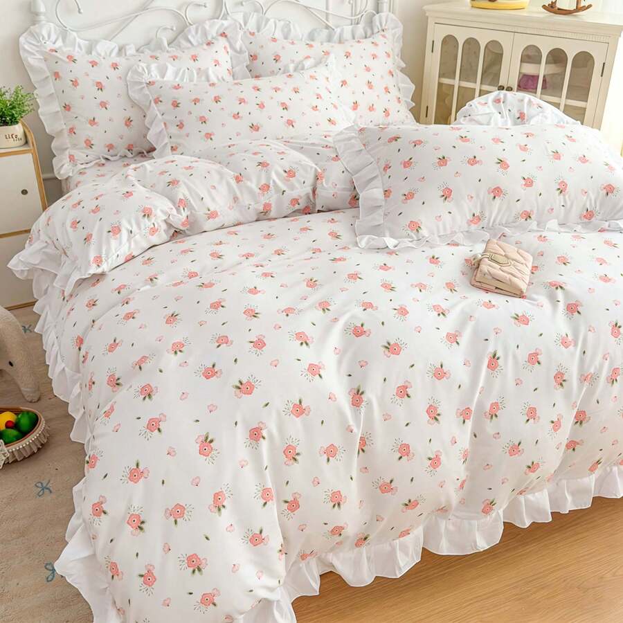 Floral Print Soft & Comfortable Bedding Set 3pcs, Suitable For Bedroom, Guest Room, All Seasons - White - View 1