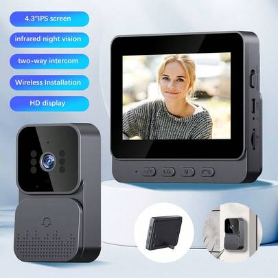 Wireless Video Doorbell With 4.3 Inch IPS Screen 2.4G No WiFi Direct Connection Two-Way Audio Intercom Doorbell Camera, Video Recording Night Vision Motion Alert Support 128G SD Card Wireless Doorbell For Apartment Home Villa (Black)