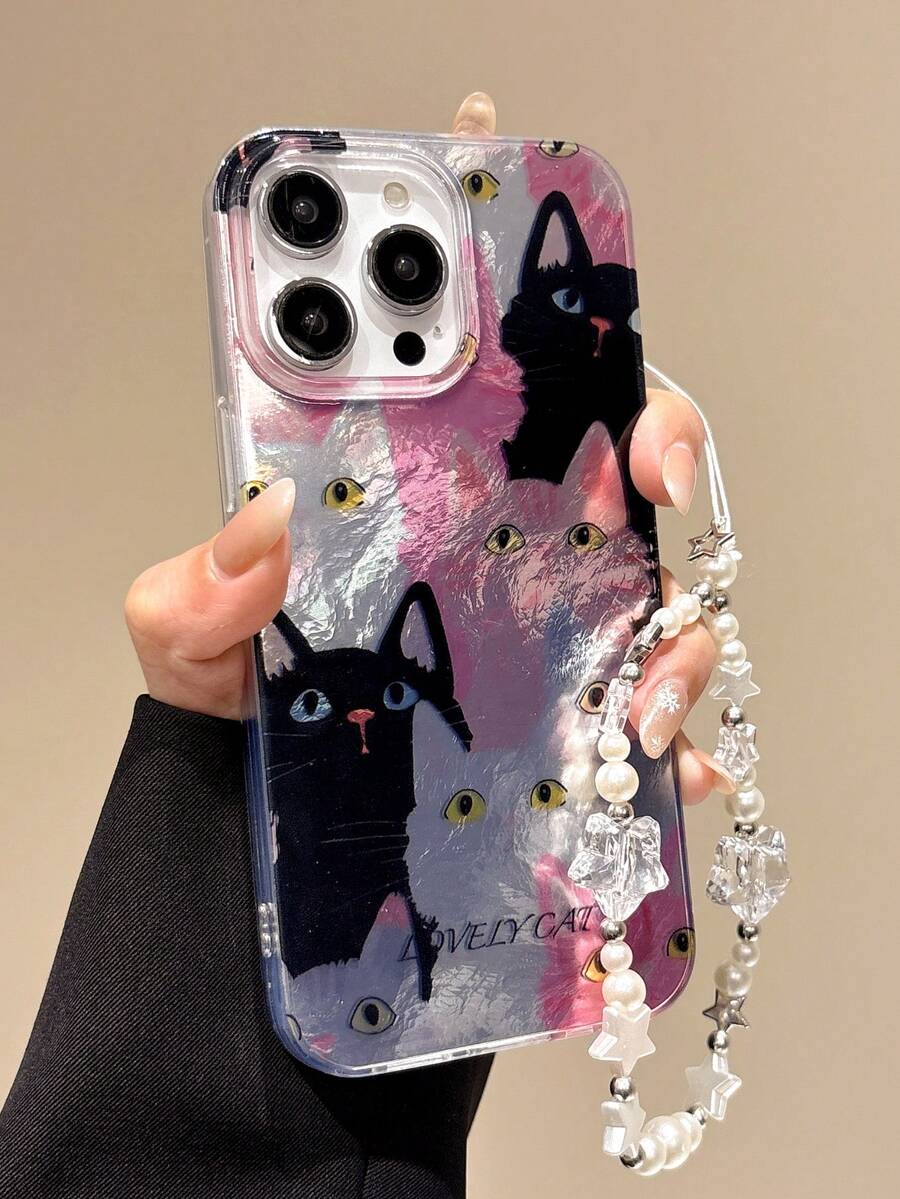 卡通猫咪漩涡印花手机壳，带挂绳，兼容 11、12、13、13 Pro、13 Pro Max、14 Pro Max、15、15 Pro、15 Plus、15 Pro Max、 16、16 Pro、16 Plus、16 Pro Max、17、17 Pro、17 Pro Max - 彩色 - 查看 1