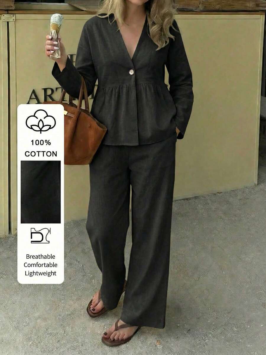 Vellofy Women's Summer Yellow Linen Casual 2-Piece Set, V-Neck Single Button Ruffle Top With Wide Leg Pants, Beach Vacation Style - Black - View 1